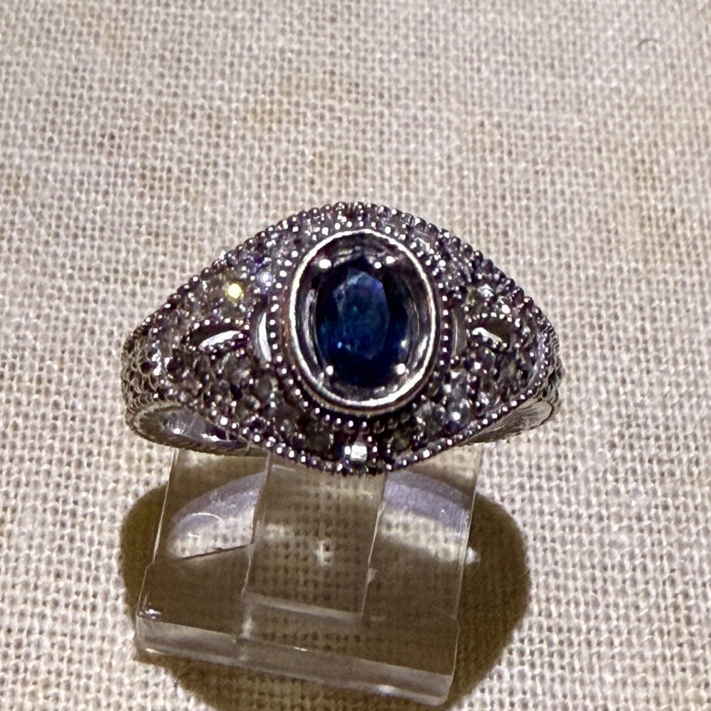 14K White Gold Sapphire & Diamond Accent Deco Style Ring
